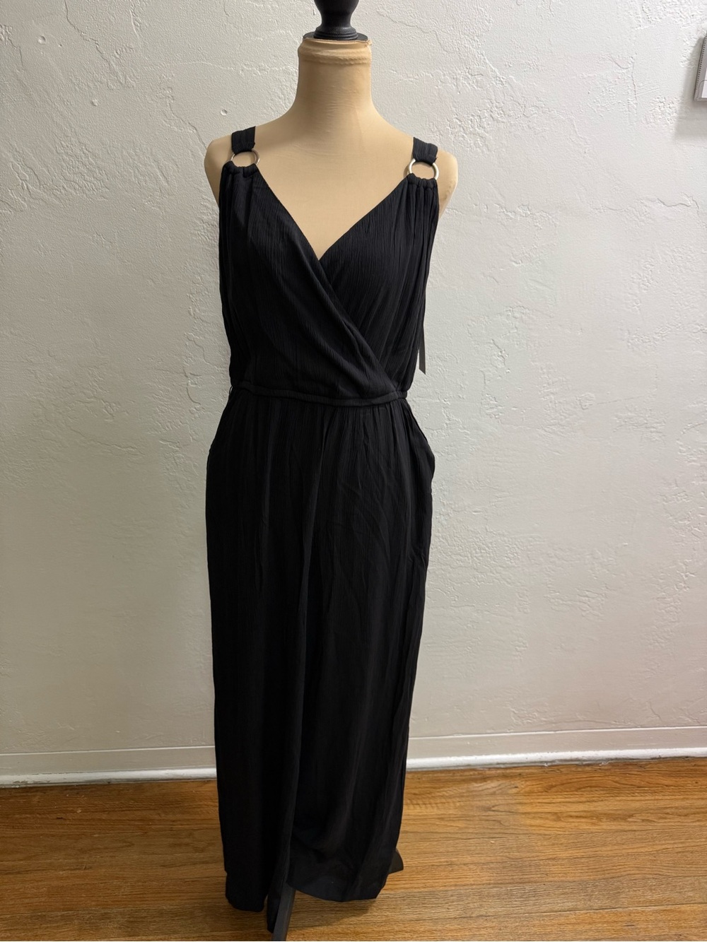 Derek Heart Black Sleeveless Wrap Jumpsuit with Ring Straps